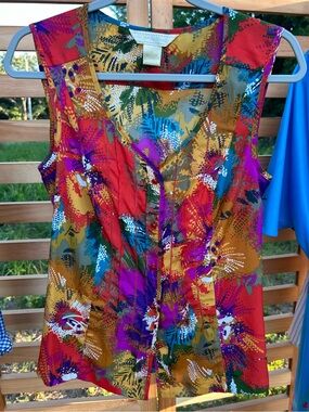 Y2K Wearable Art Abstract Print Pintuck S/M Blouse Ladder Stitch Unique Buttons